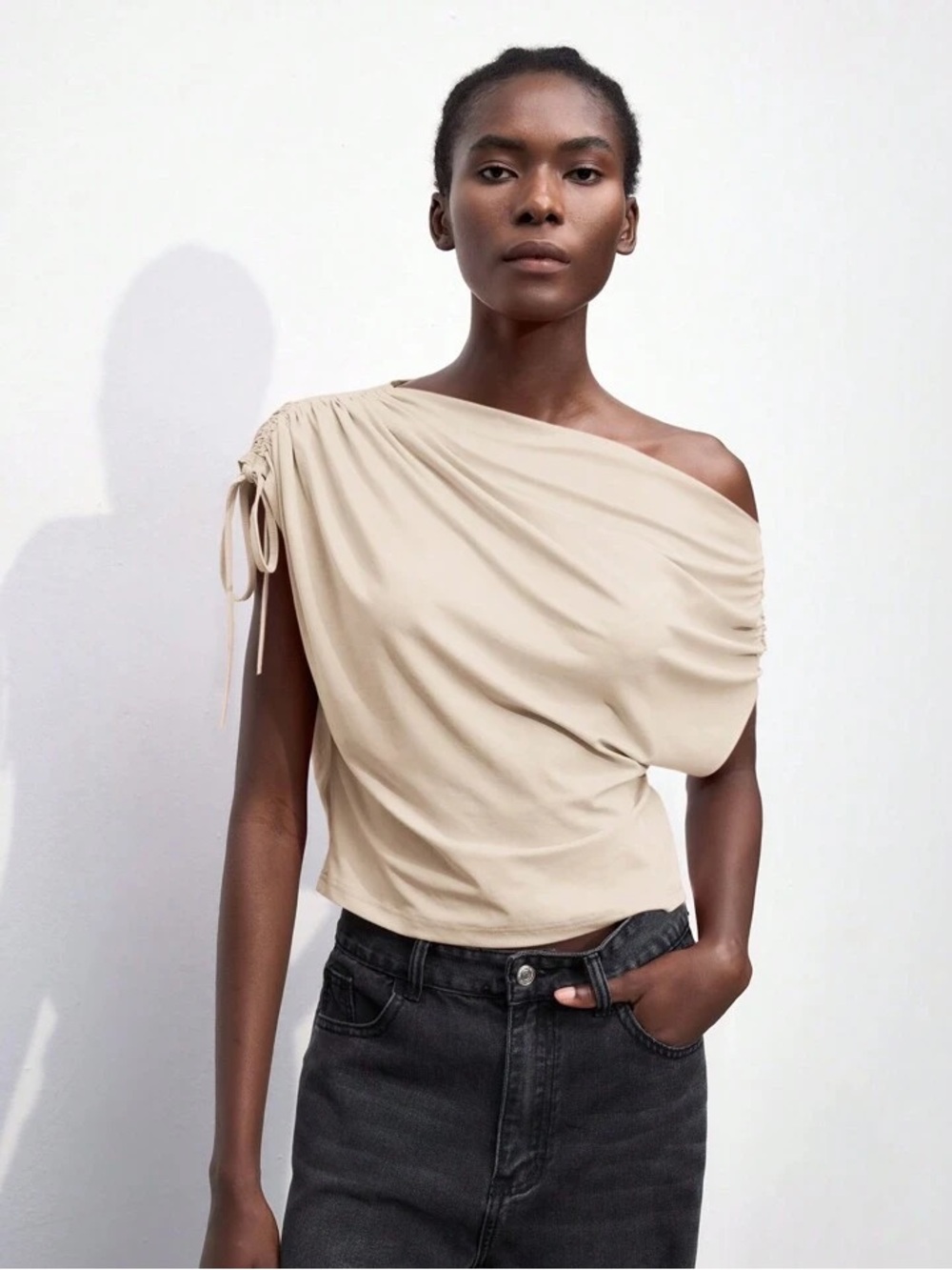 SHEIN One-Shoulder Ruched Tie Sleeve Top in Beige